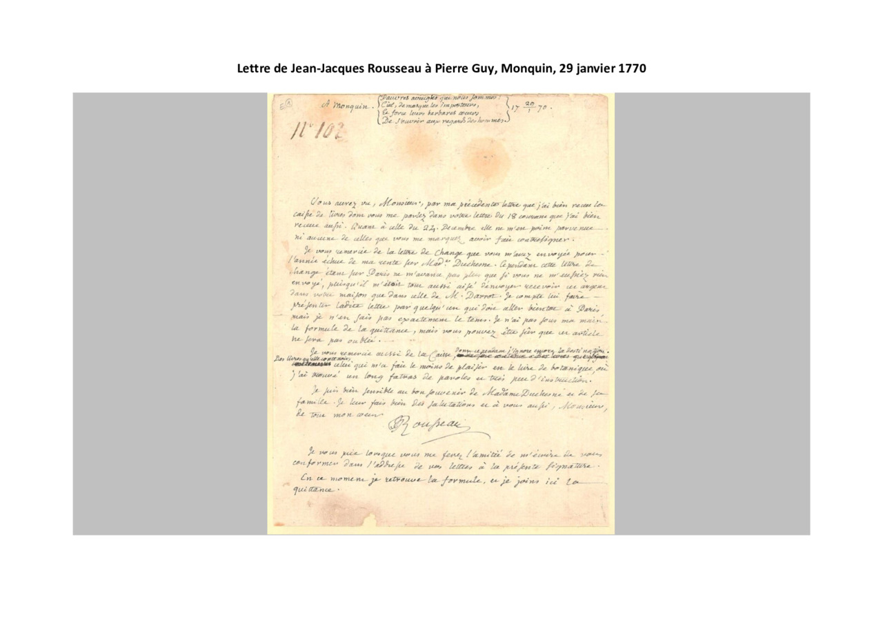 Lettre de Rousseau à Pierre Guy du 29 janvier 1770