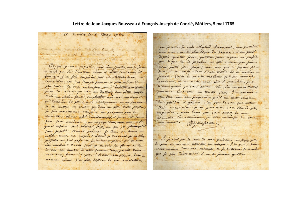 Lettre de Rousseau à Conzié du 5 mai 1763