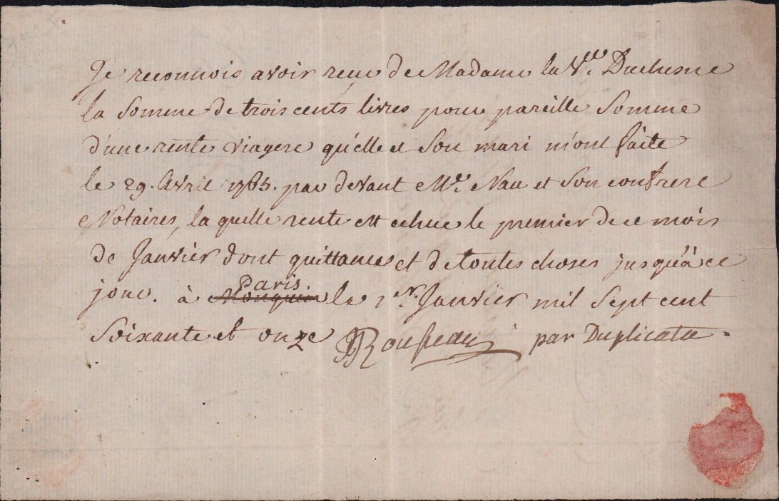 Duplicata d'une quittance datant du 1er janvier 1771