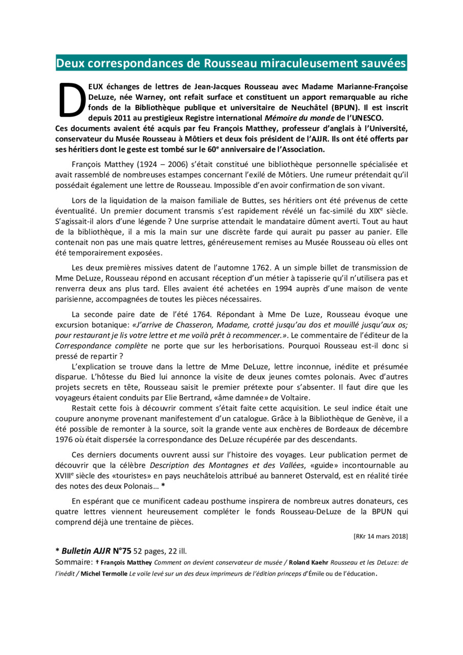 Quatre lettres échangées entre Marianne Françoise DeLuze et Rousseau entre 1762 et 1764