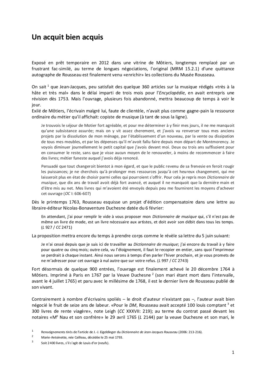 Quittance autographe et inédite de Rousseau du 4 janvier 1777